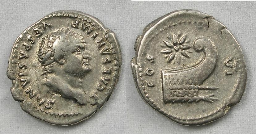 RIC 0950 Titus as Caesar [Vespasian]
AR Denarius, 3.35g
Rome Mint, 77-78 AD  
Obv: T CAESAR IMP VESPASIANVS; Head of Titus, laureate, bearded, r.
Rev: COS VI; Prow r.; above eight pointed star
RIC 950 (R). BMC 226. RSC 68. BNC 202.
Ex Harry N. Sneh Collection.

This rare star and prow reverse is shared with Vespasian (not a very common one for him as well!) and is a copy of one issued by Marc Antony. Vespasian copied many types from the past, this is perhaps an odd choice for a reverse considering Antony was an enemy of Octavian. Why this particular type was chosen remains a mystery to me.

The BMC states the star and prow symbolizes the victorious admiral.

This denarius is rated R by the RIC, but as far as it's availability in the market place I would rate it R2! This was a most vexing coin for me to locate, again a friend who shares a common collecting niche as I came to the rescue and offered this one to me.

Quite a nice find. Not only a rare type, but also the portrait is wonderful, imho.


