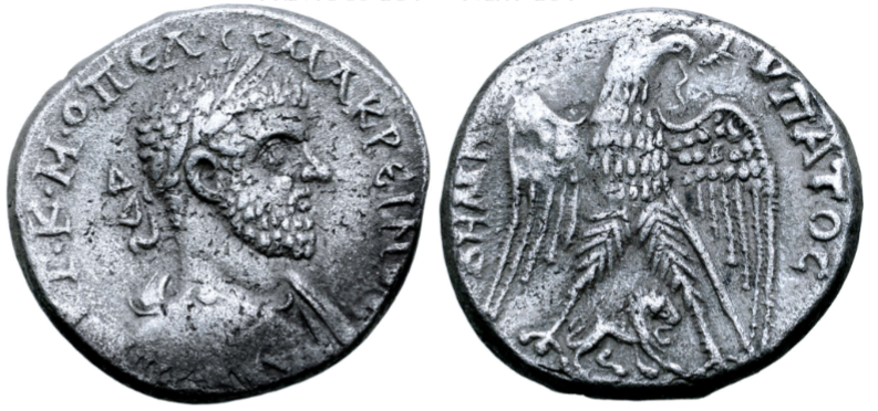 217
Macrinus 217-8 AD
AR tetradrachm
Hierapolis in Cyrrhestica
Eagle, wings open, head right with wreath in beak, lion walking right between legs
Prieur 944
