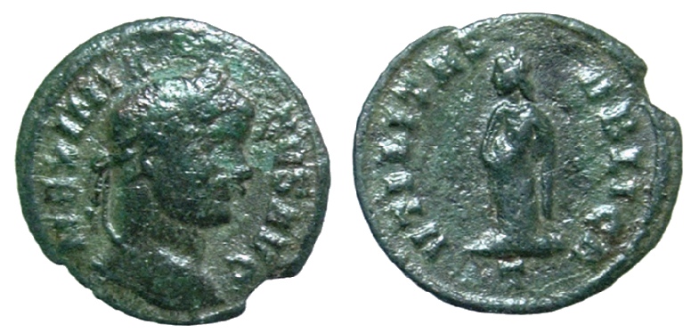 286
Maximianus I 286-305 AD
AE denarius
Ticinum Mint
MAXIMIANVS AVG
Laureate bust right
VTILITAS PVBLICA
Utilitas standing facing, head left
-/-//T
RIC (VI) Ticinum 27b
Keywords: maximianus denarius