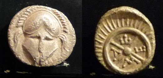 Thrace, Mesembria
GR6

Thrace, Mesembria. Circa Fourth Century BC. AR Diobol Crested helmet / Radiate wheel of four spokes; M-E-T-A within. SNG BM Black Sea 268. Very fine. 
