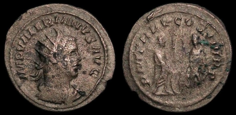 Valerian I, RIC V(1)-277 Antioch
Billon Antoninianus
Antioch mint, 257 A.D.
23mm, 3.45g
RIC V(1)-277, RSCv.4-169,
RCVv.3-9962

[b]Obverse:[/b]
IMP VALERIANVS AVG
Radiate and draped bust right.

[b]Reverse:[/b]
P M TR P V COS IIII P P
Valerian and Gallienus standing, facing each other, resting on shields between them behind which are two upright spears.
