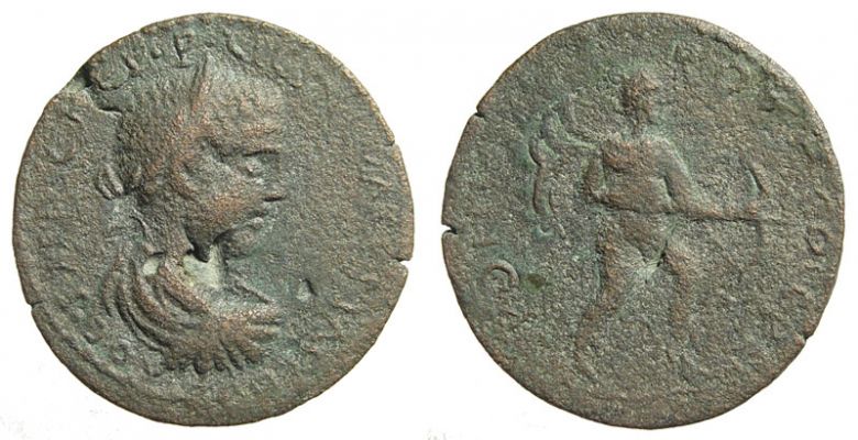 Valerianus I. AE32, 253-260 AD, Cremna, Pisidia
Valerianus I. AE32, 253-260 AD, Cremna, Pisidia.
Obv: IMP CAES P LICINI VALERIANO A OC, laureate, draped and cuirassed bust right, seen from behind.
Rev: APOLLINI PROPVG COL CRE, Apollo Propylaeus advancing right, cloak flowing behind, drawing bow with arrow at hip.
32 mm, 14.00 g
SNG Aulock 8607

not in Sear, SNG Righetti, SNG Leypold I, Lindgren III

a coin from the same dies:
http://www.coinarchives.com/a/lotviewer.php?LotID=75105&AucID=79&Lot=1072
http://www.forumancientcoins.com/board/index.php?topic=13651.0

ex Rutten&Wieland, thanks Lars!
Keywords: Valerian Cremna Pisidia Apollo Propylaeus