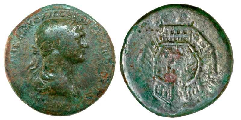 Trajan, RIC 632, Sestertius of AD 112-114 (Portus Traiani)
Æ Sestertius (26.66g, Ø35mm, 6h). Rome mint. Struck AD 112-114.
Obv.: IMP CAES NERVAE TRAIANO AVG GER DAC P M TR P CO[S VI P P] laureate draped bust of Trajan facing right.
Rev.: [PORTVM TRAIANI] around, S C in ex., Basin of Trajan's harbour at Portus Traiani, near Ostia, surrounded by warehouses, ships in centre. 
RIC 632 (R2); Cohen 305; STrack 438; MIR 470v (18 spec.; same die pair as Woytek Plate 94-470v3); BMC 770A (but COS V must be COS VI); RHC 104:59
ex Jean Elsen Auction 95; ex coll. A. Senden: "L'architecture des monnaies Romaines".
Keywords: Trajan Portum harbour Portus Traiani