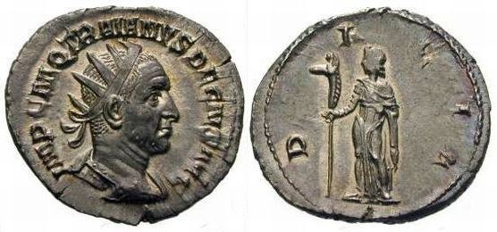 ROMAN EMPIRE, Trajan Decius, Antoninianus
[b][u]Attribution[/u]: RIC 121, 12b
[u]Date[/u]: AD 249-253
[u]Obverse[/u]: IMP C M Q TRAIANVS DECIVS AVG, radiate, draped, and cuirassed bust r.
[u]Reverse[/u]: DACIA, Dacia stg. l. wearing robe reaching to feet, holding vertical staff w/ ass’ head (misidentified here and actually a draco battle standard common among Dacian troops)
[u]Size[/u]: 23 mm [u]Weight[/u]: 4.3 grams
[img]http://www.forumancientcoins.com/gallery/albums/userpics/10427/thumb_BOTLAUREL_2011.JPG[/img][img]http://www.forumancientcoins.com/gallery/albums/userpics/10427/thumb_BOTLAUREL_2012.JPG[/img][img]http://www.forumancientcoins.com/gallery/albums/userpics/10427/BOTLAUREL_2013.JPG[/img]
Keywords: BOTLAUREL