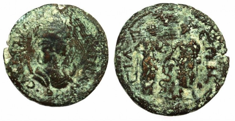 Tranquillina pamphylia, sillyon, Ae 25
CABEI TPANKY&#923;&#923;EINAN CE

diademed and draped bust on the right in a crescent

CI&#923;&#923; – Y – E&#937;N

Hygiea standing on the right, holding a snake with both hands facing Asclepios standing on the left, holding a stick with his right hand around which wraps a snake

25mm, 10.72g
Keywords: gordian tranquillina pamphylia sillyon hygiea asclepios