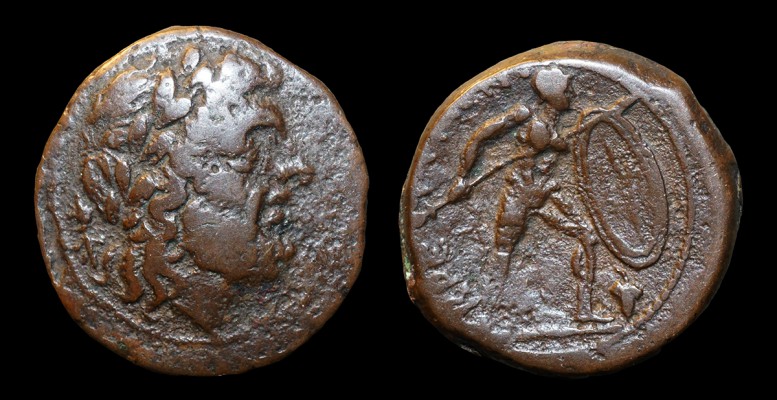 SOLD! Bruttium; the Bretti
Laureate head of Zeus right, at left thunderbolt 

BPETTI&#937;N 
Warrior standing right, holding shield and spear, below bunch of grapes.

Bruttium, circa 211-208 BC.

8.51g  

HN Italy 1988; SNG ANS 106.

Scarce

SOLD Torex Feb 2022
