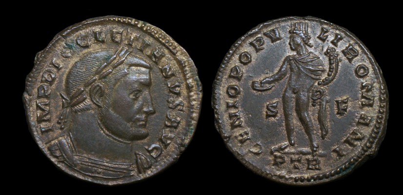 Diocletian
IMP DIOCLETIANVS AVG
Laureate head right

GENIO POPVLI ROMANI 
Genius standing left holding patera and Cornucopiae SF in fields PTR in ex.

Trier 294 AD

9.74g

29 mm

RIC 582
EF
