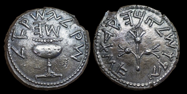 Judaea First Revolt AR "Shekel" Year 5 
ŠQL YSR’L (shekel of Israel)
around a chalice used in the temple cult, above Year 5

YRWŠLM HKDWŠH (Jerusalem the holy)
around a branch with three pomegranates

Jerusalem; March 4th-August 70 CE

13.45g

Hendin 6399 (6th);1370 (5th); TJC 215

Hand struck with modern dies in silver

Shekels were minted in all five years of the revolt with year 1 being scarce, years 2 and 3 the most common, year 4 very rare and year 5 the rarest. Only about 25 of the year 5 shekels are recorded. The rarity and price excludes me from the market for a real coin, hence the purchase of a modern hand struck replica in silver.


