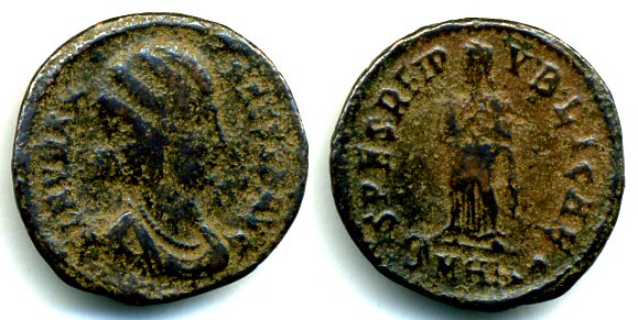 ROMAN EMPIRE, FAUSTA
Size:  19mm, 2.2grams, bronze. 
Notes:  -FLAV MAX FAVSTA AVG. Fausta facing right / SPES REIPVBLICAE. Fausta standing, holding Constantine II and Constantius II on reverse, SMHB in exergue, nice patina
 

