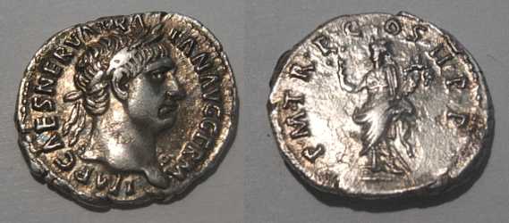 098-117 AD - TRAJAN AR denarius - struck 98-100 AD
obv: IMP CAES NERVA TRAIAN AVG GERM
rev: PM TRP COS II PP (Pax standing left, holding branch & cornucopiae)
ref: RIC6, C209
3.12gms, 19mm
Keywords: TRAJAN denarius