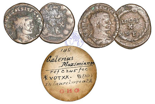 Galerius Maximianus caesar, frazioni radiate post riforma (Gaviller & Boyd collection)
Galerio Massimiano, cesare (293-305 d.C.), due frazioni radiate post riforma
La prima (297-298 d.C.) zecca di Roma, II officina 
AE, 3.26 gr., mm. 19,0; MB (F)
D/GAL VAL MAXIMIANVS NOB CAES, busto radiato e drappeggiato di Galerio a dx 
R/ VOT XX B in una corona
RIC 6 Roma 87b (var: officina non menzionata), Cohen 247 (var: idem)
o RIC 6 Roma 82 (Massimiano Erculeo, co-augusto con Diocleziano)
La seconda: zecca di Cartagine
AE, 2.31 gr., 20,0 mm; MB (F)
D/ GAL VAL MAXIMIANVS NOB CAES, busto radiato e drappeggiato di Galerio a dx
R/ VOT XX FK in una corona
RIC 36b 
Provenienza: entrambe collezione Berardengo, Roma Italia (30 aprile 2008, numero catalogo 29 e 29bis), ex Antony Wilson collection (Yorkcoins, London-New York, 2005), ex Baldwin's Auctions 42 (London, 26 settembre 2005, entrambe nel lotto 684), ex W.C.Boyd collection (London, prima del 1906). I primo esemplare ex George Henry Gaviller collection (London, fino al 1886), ceduta per legato testamentario al nipote  W. C. Boyd alla morte avvenuta a Londra il 28 febbraio 1886.
