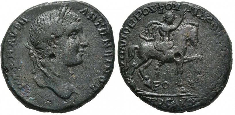 hhj8.26.34.08_2
Elagabalus
Nicopolis

Obv: AVT K M AVPH ANT&#937;NEINOC, laureate head right.
Rev:V&#928;A NOB. POV &#934;OV NIKO&#928;O&#923;IT&#937;N &#8594;&#928;POC ICT, in lower field, PO N. Emperor riding horse right raising right hand.
27 mm, 10.97 gms

Hristova-Hoeft-Jekov 8.26.34.8
