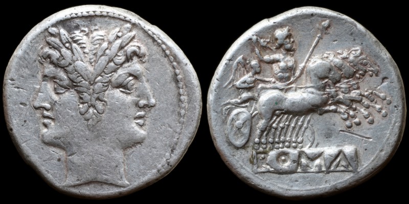 Rome - AR Didrachm
Rome or uncertain Italian mint
225-217 BC
laureate head of Janus
Jupiter and Victory in quadriga right. Jupiter holding thunderbolt and scepter, Victory holding reins
ROMA
Crawford 30/1
7,0g 20mm
ex Dionysos
