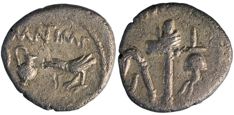  Mark Antony and Lepidus
The Triumvirs. Mark Antony and Lepidus, 43 B.C. AR quinarius  
Military mint traveling with Antony and Lepidus in Transalpine Gaul, 43 B.C. 
O: M ANT IMP, emblems of the augurate: lituus, capis, and raven standing left.
R: LEP IMP, emblems of the pontificate: simpulum, aspergillum, securis, and apex. 
-Crawford 489/3; CRI 120; Sydenham 1158a; RSC 3.
