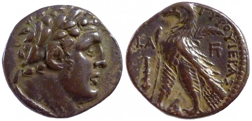 Half Shekel, Tyre LA (Year 1)
6.43 g Tyre Mint 126/125 BCE

O: Head of Herakles (Melqart)
R: Eagle standing left; &#932;&#933;&#929;&#927;&#933; &#921;&#917;&#929;&#913;&#931; &#922;&#913;&#921; &#913;&#931;&#933;&#923;&#927;&#933; "Of Tyre the Holy and City of Refuge." around; Date LA to left; Monogram FP to right.
- DCA Tyre Release 2 Part 2 #720, this coin

BMC Phoenicia page 250 #213 lists one Year 1 half shekel with M monogram. DCA lists this date as R3, the highest rarity rating. 
Unique with with FP monogram. Glossy, dark chocolate find patina.

Demetrius II, who twice ruled the Seleucid Kingdom, was the last Greek king to strike silver coins at Tyre (though Seleucid rulers issued silver coins as late as 106 or 105 B.C. at two of Tyre’s close neighbors, Sidon to the north and Ake-Ptolemais to the south). Interestingly, the second reign of Demetrius II, from 129 to 125 B.C., ended with his execution at Tyre after March 125 — the year by which Tyre certainly had introduced its famous shekels.

Before his execution, Demetrius had issued large quantities of tetradrachms and didrachms at Tyre. At about 14 grams, his tetradrachms weighed the same as the shekels that Tyre would strike upon achieving independence from the Seleucids.

Shekels and Half Shekels of Tyre began being issued as autonomous silver coins in 126/125 BCE after gaining freedom from Seleucid domination that year. Although similar in style to the Seleucid coinage, the most obvious change was the King's bust being replaced with the city's chief god Melqart. 

They have become highly desired due to their being the money of choice for payments to the Jerusalem Temple. The half shekel was the required yearly tribute to the temple for every Jewish male over the age of 20.

Ed Cohen notes in Dated Coins of Antiquity, that the minting of Tyre shekels or, more specifically, half shekels, ended at the onset of the Jewish Revolt in 65/66 and the minting of the Jewish Revolt shekels then begins. This, along with other compelling evidence, has led many, including me, to believe the later "KP" shekels were struck south of Tyre.
