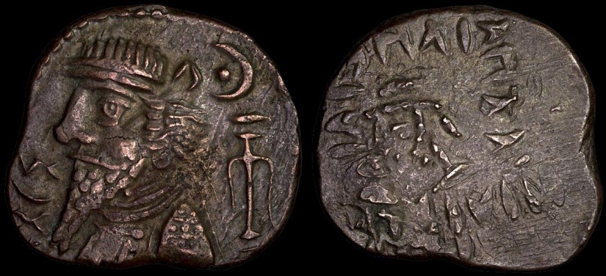 Elymais -- Orodes I.,  late 1st to early 2nd cent. AD
AE tdr.,  15,61gr,  27,44mm;
mint:  Susa (?)
Van’t Haaff 11.1.1-1a (this coin),  Alram p. 146, #466, NB3;
obv.:  bare-headed bust, left, w/2-strand diadem, loop, 2 ribbons;  straight top hair running across head, side hair combed backwards, mustache, long pointed curly beard, multi-turn torque ending in pellet;  cuirass w/shoulder pads;  in right lower filed anchor w/2 upper and 2 lower cross bars, crescent and pellet above; in lower left field Aramaic legend ‘Orodes’; dotted border 10 - 12h;
rev.:  head, left, w/diadem surrounded by 4 lines of blundered letters;

plate coin in: Parthia.com; in:  P.A. Van't Haaff, Catalogue of Elymaean Coinage, p. 92, type 11.1.1-1a;

ex:  CNG, Triton VII, # 532,  ex: Bellaria Collection;  ex:  CNG 60, # 1041;  ex: Gorny and Mosch 96, # 252.
