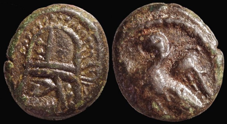 Vologases VI.,  208 - 228 AD
AE10,   1,20gr.,   10,1mm;
Sellw. 88.29,   Shore 640var.;
mint:  Ekbatana,   axis: 12h;
obv.:  head, left, w/tiara decorated w/pellets on stalks on the crest and side, diadem w/2 loops;  lower half of head off flan;
rev.:  eagle, left, w/wings spread;  dotted border 9 - 15h;

ex:  Canmoose Coins, CAN.

