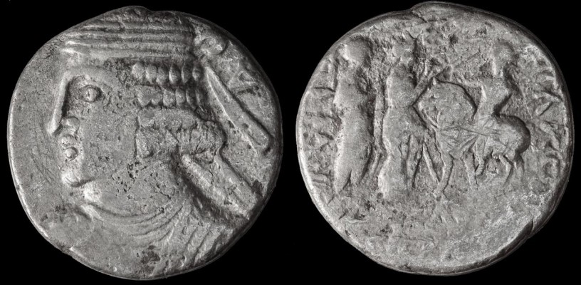 Parthia -- Pakoros II., 78 - 105 AD
AR tdr., 13,44gr, 25,8mm; Sellwood 75.4, Shore -, Sunrise -, Sinisi Type II, p. 86;
mint: Seleukia; axis: 12h;
obv.: bare-headed, left, w/facing torso; 4-layer broad diadem, 1 loop and 2 broad ribbons; medium-long hair in 4 waves of curls, beardless; 3-layer necklace; tunic w/ornamental border; in upper right field &#916;; 
rev.: king, left, on horseback, facing goddess w/staff or sceptre offering diadem in right hand behind her male figure w/untied diadem(?); 1 line of legend readable: (BACI&#923;E&#937;C) (BACI&#923;E&#937;N) (APCAKOY) &#928;&#923;KO(POV) (E&#928;I&#934;ANOVC) (&#934;I&#923;E&#923;&#923;HNOC); exergual line; year between the heads and month in exergue unreadable; 

Sinisi plate coin # 1114, p. 60;
