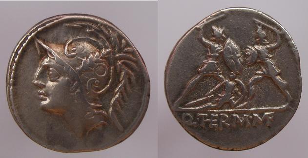 ROMAN REPUBLIC, Q. Thermus M.f. - Minucia-19
ROMAN REPUBLIC. Q. Thermus M.f. 103 BC. Silver denarius (3.86 gm). Head of Mars left / Two warriors fighting, the one on the left protecting fallen comrade, the other wearing horned helmet, Q THERM M F in exergue. Crawford 319/1, Sydenham 592, Babelon Minucia 19, RCV 197
Keywords: Minucia-19 Republican Denarius Thermus Warriors