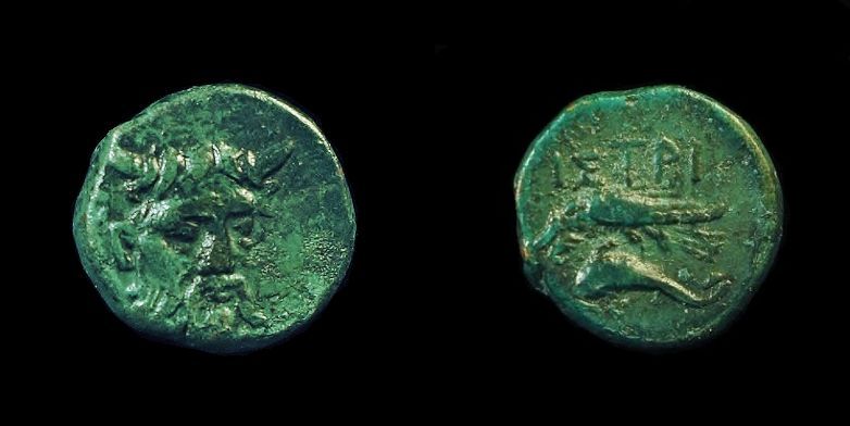 Istros, Thrace, c. 350 - 250 B.C.
Bronze AE 15, SNG Stancomb 176-online, (BMC Thrace p. 26, 15); (SNG BM Black Sea 260); Weight 3.571 g, max. diameter 15.3 mm, die axis 180o, Istros mint, c. 350 - 250 B.C.; obv. horned head of river-god Istros (Danube) facing slightly right; rev. &#921;&#931;&#932;&#929;&#921;, sea-eagle grasping dolphin in talons; nice blue-green patina.

Background info. courtesy Forvm Ancient coins;

Istros is probably the oldest Greek colony on the Black Sea, and was founded in 657 - 656 B.C. or sometime between 630 and 620 B.C. by Milesian settlers in a strategic position near the Danube Delta.

Ex. Forvm Ancient Coins
Keywords: istros thrace black sea danube river god sea eagle dolphin patina