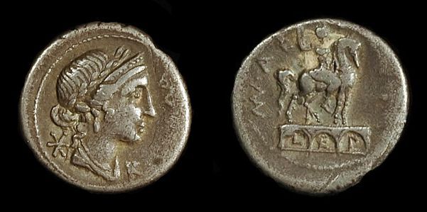 Mn. Aemilius Lepidus, 114 - 113 BC
Silver denarius, SRCV I 168, (Crawford 291/1); Rome mint, weight 3.6g, max. diameter 19.07mm, 114 - 113 B.C.; Obv. laureate, diademed, and draped bust of Roma right, ROMA (MA ligate) before, XVI ligature behind; Rev. MN·AEMILIO (MN in monogram), horseman holding vertical spear (equestrian statue) right, on triple-arch containing L-E-P. Attractive toning.

Ex. Roma Numismatics
Ex. Andrew McCabe

Historical background Courtesy;

Forvm Ancient Coins,
The triple-arch probably represents the Aqua Marcia, an aqueduct begun by M. Aemilius Lepidus and M. Fulvius Nobilior as Censors in 179 B.C.

Andrew McCabe,
Northumberland Smyth 1856:
This type is of interest, since it commemorates the construction of the celebrated Aemilian bridge by Manius Aemilius Lepidus, to whom a statue was erected, and who replaced the wooden bridge of Ancus Martius over the Tiber by a stone one. The arched neck of the horse is classic

 

Keywords: Roman, Republic, denarius, Mn. Aemilius Lepidus, roma, arch, statue