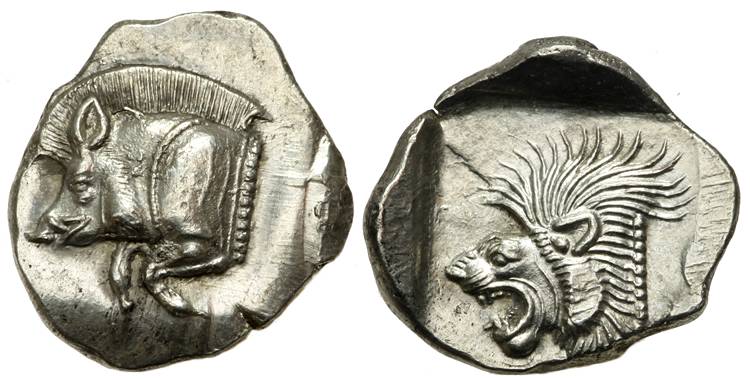 GREEK
AR Obol. Kyzikos ( Mysia). c 450-400 BC. 0.85 grs.   Forepart of boar left; tunny upward behind    /   Head of roaring lion left within incuse square.
SNG von Aulock 1213. SNG Kayhan 54.
Ex. Barry P.Murphy.

