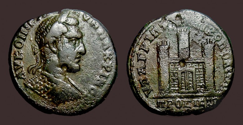 MacrinusNicopolisCityGate
Macrinus. 217–218 AD. MOESIA INFERIOR. Nicopolis ad Istrum. Æ (27mm, 12.39 gm, 6h). Obv: AV K OΠΠΕΛ CE—VH MAKPINOC, Laureate, draped and cuirassed bust right. Rev: VP AΠ ΑΓΡΙΠΠΑ ΝΙΚΟΠΟ—ΛΙΤΩΝ ΠΡ—OC ICTPΩ, closed city gate, two battlemented towers at front corners of city wall, one such tower in back wall. AMNG —. Like Varbanov 3345, but laureate, draped and cuirassed bust, seen from behind. A new variety. Not in Hristova-Hoeft-Jekov, but will be added to the new addendum. Glossy dark green-black
Keywords: Macrinus, Nicopolis ad Istrum