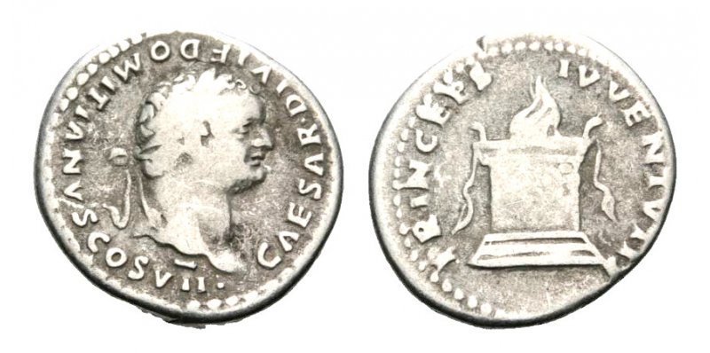 Domitian as Caesar under Titus RIC II T0266
Domitian as Caesar. 69-81 A.D. AR Denarius.  Rome Mint 80-81 A.D. (3.23g, 18.5mm, 6h).  Obv: CAESAR DIVI F DOMITANVS COS VII, laureate head right.  Rev: PRINCEPS IVVENTVTIS, Altar, garlanded and lighted.  RIC II T266, BMC T92, RSC 397a.

A unique pulvinaria reverse type for Domitian at the time used both as Caesar and emperor.  The addition of “DIVI F” on Domitian’s coins in 80 A.D. help scholars determine that Vespasian’s deification had taken place by 80 A.D., although it arguably took place before in 79 A.D..

While worn, the legends on this example are complete.

