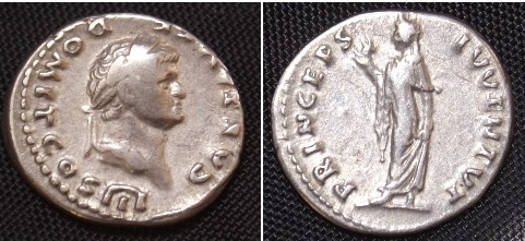 Domitian as Caesar RIC II V0788
Domitian as Caesar under Vespasian. AR Denarius. Rome Mint. 74 A.D. Obv: CAES AVG F DOMIT COS III, Laureate head right. Rev: PRINCEPS IVVENTVT, Spes advancing left, holding flower in right hand and skirt in left. RIC II V788.RSC 375, BMC V156.

