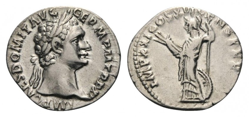 Domitian RIC II 0732
Domitian. 81-96 A.D. AR Denarius. Rome Mint. 91, 1 Jan.- 13 Sept. A.D. (4.45g, , 6h). Obv: IMP CAES DOMIT AVG GERM PM TR P XI, laureate head right. Rev: IMP XXI COS XVI CENS PPP, Minerva stg. l. with thunderbolt and spear; shield at her l. side (M3). RIC II 732.

Another common Domitian in decent condition with full and legible legends.  This issue only has denarii with a single bust type and the four standard Minerva reverses reflecting some of the monotony of Domitian’s coinage.
