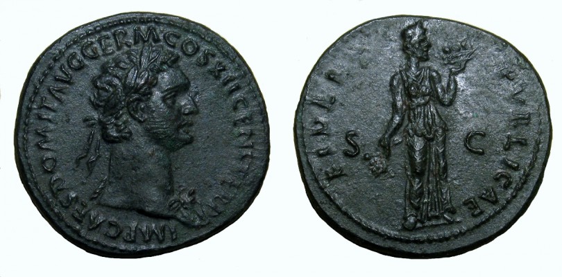 ROMAN EMPIRE, Domitan, As, Fides
Obverse: IMP CAES DOMIT AVG GERM COS XII CENS PER PP - Laureate and bearded bust right with aegis.
Reverse: FIDEI PVBLICAE S C - Fides standing right, with corn-ears, poppy and a basket of fruits.
mm. 28 - g. 10,15 - die axis 6
RIC 2 486 C2 - Cohen 111/2 - Struck in Rome 86 a.D.
Hard to see beard and/or sideburns on Domitian's adult portraits, especially on bronze.
Keywords:  Domitian As FIDES