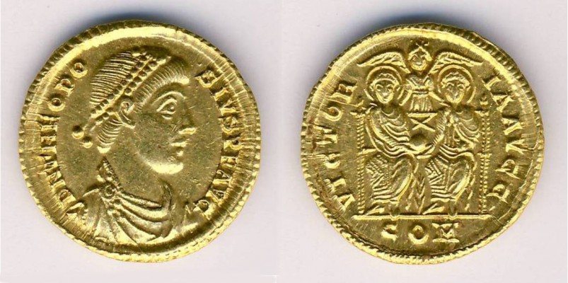 ROMAN EMPIRE, Theodosius I, Solidus RIC 8(b) C.37 
4.49 grams.

This coin has the same reverse die as Jochen's solidus. Note the REV die flaw at 10 o`clock
[url]http://www.forumancientcoins.com/gallery/displayimage.php?pos=-483[/url]
