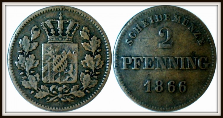 German States. Bavaria. Ludwig II 1864 - 1886. Copper 2-pfenning 1866.
German States. Bavaria. Ludwig II 1864 - 1886. Copper 2-pfenning 1866. Crowned arms within wreath / SCHEIDE MUNZE 2 PFENNING 1866.

KM 472
Keywords: German States. Bavaria. Ludwig II 1864 - 1886. Copper 2-pfenning 1866.