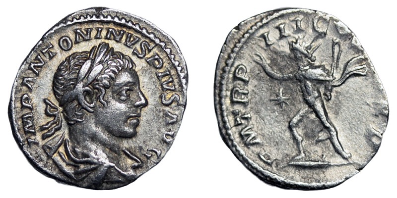 Elagabalus RIC 28
AR Denarius (18mm 2.6g)
obv. IMP ANTONINVS PIVS AVG
laureate, draped and cuirassed bust right, from behind
rev. P M TR P III COS III P P
Sol advancing left, raising right, whip in left, star left
Rome mint
RIC 28
