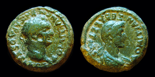 ROMAN EMPIRE PROVINCIAL, Domitian & Domitia, Koinon of Thessaly, RPC 277.
024 Domitian (69-81 A.D. Caesar, 81-96 A.D. Augustus), AE-Diassarion (???), RPC 277, Koinon of Thessaly, &#916;OMITIAN &#931;EBA&#931;&#931;&#931;THN, Diademed bust of Domitia right,
avers:- &#916;OMITIANON KAI&#931;ARA &#920;E&#931;&#931;A&#923;OI, Laureate head of Domitian right.
revers:- &#916;OMITIAN &#931;EBA&#931;&#931;&#931;THN, Diademed bust of Domitia right.
exe: -/-//--, diameter: 20-20,5mm, weight: 8,21g, axis: 6h,
mint: Koinon of Thessaly, probably Larissa., date: 81-96 A.D., ref: RPC-277, Roger-88,
Q-001
Keywords: 024 Domitian (69-81 A.D. Caesar, 81-96 A.D. Augustus), AE-Diassarion (???), RPC 277, Koinon of Thessaly, &#916;OMITIAN &#931;EBA&#931;&#931;&#931;THN, Diademed bust of Domitia right,