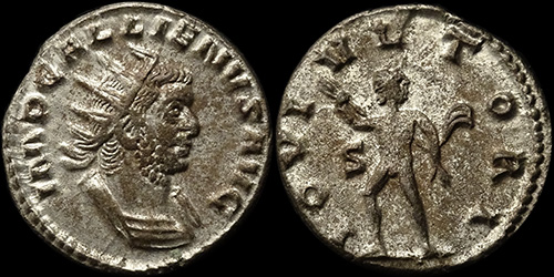 090a Gallienus (253-268 A.D.), Roma, RIC V-I 221, AE-Antoninianus, S/-//--, IOVI VLTORI, Jupiter standing right, #1
090a Gallienus (253-268 A.D.), Roma, RIC V-I 221, AE-Antoninianus, S/-//--, IOVI VLTORI, Jupiter standing right, #1
avers: IMP GALLIENVS AVG, Radiate cuirassed bust right.
reverse: IOVI VLTORI, Jupiter standing right, head left, holding thunderbolt in the right hand, cloak flying right. S in left field.
exergue: S/-//--, diameter: 20,0mm, weight: 3,45g, axis: 1h,
mint: Roma, date: A.D., 
ref: RIC V-I 221, p-, Göbl 348x,
Q-001
Keywords: 090a Gallienus (253-268 A.D.), Roma, RIC V-I 221, AE-Antoninianus, S/-//--, IOVI VLTORI, Jupiter standing right, #1