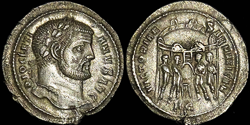119a Diocletianus (284-305 A.D.), Heraclea, RIC VI 010e (Not in RIC this Officina), AR-Argenteus, -/-/H&#1028;, VICTORIAE SARMATICAE, Four Tetrarchs, Very Rare! #1
119a Diocletianus (284-305 A.D.), Heraclea, RIC VI 010e (Not in RIC this Officina), AR-Argenteus, -/-/H&#1028;, VICTORIAE SARMATICAE, Four Tetrarchs, Very Rare! #1
avers: DIOCLETI ANVS AVG, Laureate head right. 
reverse: VICTORIAE SARMATICAE, The Four Tetrarchs sacrificing in front of 6 turreted City gate.
exergue: -/-/H&#1028;, diameter: 18,5-19,0mm, weight: 3,50g, axis:0h ,
mint: Heraclea, date: 296 A.D., ref: RIC VI 010e (? Not in RIC this Officina), p-, Jelocnik -; RSC 491b, Not in RIC this Officina Very Rare!
Q-001
Keywords: 119a Diocletianus (284-305 A.D.), Heraclea, RIC VI 010e (Not in RIC this Officina), AR-Argenteus, -/-/H&#1028;, VICTORIAE SARMATICAE, Four Tetrarchs, Very Rare! #1