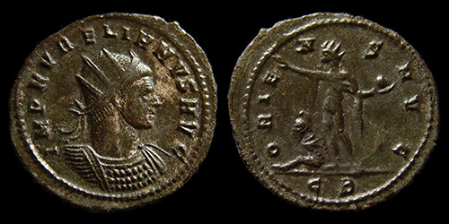 ROMAN EMPIRE, Aurelianus (270-275 A.D.), AE-Antoninianus, T-3011, RIC V-I 361, Cyzicus, -/-//CB, ORIENS AVG, Sol and captive, R!
106 Aurelianus (270-275 A.D.), AE-Antoninianus, T-3011, RIC V-I 361, Cyzicus, -/-//CB, ORIENS AVG, Sol and captive, R!
avers:- IMP-AVRELIANVS-AVG, Bust right, radiate, cuirassed, (B1).
revers:- ORIE-N-S-AVG, Sol standig left, with right hand raised and holding globe in left hand, right foot resting on a bound captive in oriental dress seated left. (Sol 2c)
exerg: -/-//CB, diameter: 22,5-24,5mm, weight: 3,85g, axes: 0h,
mint: Cyzicus, iss-8 ph-3, off-2, date: 273-274 A.D., ref: T-3011 (Estiot), RIC V-I 361, R,
Q-001
Keywords: 106 Aurelianus (270-275 A.D.), AE-Antoninianus, T-3011, RIC V-I 361, Cyzicus, -/-//CB, ORIENS AVG, Sol and captive, R!