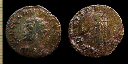 104 Claudius II. (268-270 A.D.), T-0126 (Estiot), RIC V-I 091var, Rome, AE-Antoninianus, PROVIDENT AVG, -/-//--, Providentia standing left, Rare!
104 Claudius II. (268-270 A.D.), T-0126 (Estiot), RIC V-I 091var, Rome, AE-Antoninianus, PROVIDENT AVG, -/-//--, Providentia standing left, Rare!
avers:- IMP-C-CLAVDIVS-AVG, Bust left, radiate, nude with cross-belt, seen from rear, holding spear pointing forward in right hand, aegis on left shoulder, (L2l).
revers:- PROVIDENT-AVG, Providentia standing left, holding baton in right hand and cornucopiae in left hand, with left elbow leaning on column, at feet to left globe, (Providentia 3).
exerg: -/-//--, diameter: 20mm, weight: 2,89g, axes: 7h,
mint: Rome, iss-1 (probably for the Adventus: exceptional busts), off-12, 
date: 268 A.D., ref: T-0126 (Estiot), RIC V-I 091var, 
Q-001
Keywords: 104 Claudius II. (268-270 A.D.), T-0126 (Estiot), RIC V-I 091var, Rome, AE-Antoninianus, PROVIDENT AVG, -/-//--, Providentia standing left, Rare!