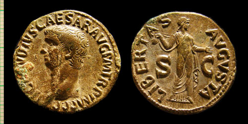 012 Claudius I. (41-54 A.D.), RIC I 113, Rome, AE-As, LIBERTAS AVGVSTA, Libertas, #1
012 Claudius I. (41-54 A.D.), RIC I 113, Rome, AE-As, LIBERTAS AVGVSTA, Libertas, #1
avers: TI CLAVDIVS CAESAR AVG P M TR P IMP P P, Bare head left.
revers: LIBERTAS AVGVSTA - Libertas standing, facing, holding pileus and raising hand; S C across fields.
exergue: S/C//--, diameter: 27-28mm, weight: 10,94g, axis:- h,
mint: Rome, date: 41-50 A.D., ref: RIC I 113, C 47,
Q-001
Keywords: 012 Claudius I. (41-54 A.D.), RIC I 113, Rome, AE-As, LIBERTAS AVGVSTA, Libertas, #1