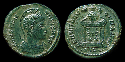 136 Constantinus I. (306-309 A.D. Caesar, 309-910 A.D. Filius Augustorum, 307-337 A.D. Augustus), Trier, RIC VII 389, AE-3 Follis, -/-//•STR Crescent, BEATA TRANQVILLITAS, Altar,
136 Constantinus I. (306-309 A.D. Caesar, 309-910 A.D. Filius Augustorum, 307-337 A.D. Augustus), Trier, RIC VII 389, AE-3 Follis, -/-//•STR Crescent, BEATA TRANQVILLITAS, Altar,
avers:- CONSTAN TINVS AVG, 1, D2, Helmeted cuirassed head right.
revers:- BEATA TRANQ VILLITAS, Globe set on altar inscribed VO/TIS/XX, above tree stars.
exerg: -/-//•STR Crescent, diameter: 18,5-20 mm, weight:  2,99g, axes: 1h,
mint: Trier, date: 323 A.D., ref: RIC VII 389, p-199, c2,
Q-001
Keywords: 136 Constantinus I. (306-309 A.D. Caesar, 309-910 A.D. Filius Augustorum, 307-337 A.D. Augustus), Trier, RIC VII 389, AE-3 Follis, -/-//•STR Crescent, BEATA TRANQVILLITAS, Altar,