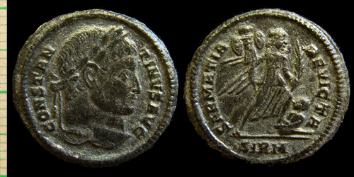 136 Constantinus I. (306-309 A.D. Caesar, 309-910 A.D. Filius Augustorum, 307-337 A.D. Augustus), Sirmium, RIC VII 048, AE-3 Follis, -/-//SIRM,  SARMATIA DEVICTA, #1,
136 Constantinus I. (306-309 A.D. Caesar, 309-910 A.D. Filius Augustorum, 307-337 A.D. Augustus), Sirmium, RIC VII 048, AE-3 Follis, -/-//SIRM,  SARMATIA DEVICTA, #1,
avers:- CONSTAN TINVS AVG, 1,B1, Laureate head right.
rever:- SARMATIA DEVICTA, Victory advancing right, stepping on captive, holding trophy and palm.
exergo: -/-//SIRM, diameter: 19-20mm, weight: 3,03g, axis: 6h,
mint: Sirmium, date: 324-325 A.D., ref: RIC-VII-48, p-475, 
Q-001
Keywords: 136 Constantinus I. (306-309 A.D. Caesar, 309-910 A.D. Filius Augustorum, 307-337 A.D. Augustus), Sirmium, RIC VII 048, AE-3 Follis, -/-//SIRM,  SARMATIA DEVICTA, #1,