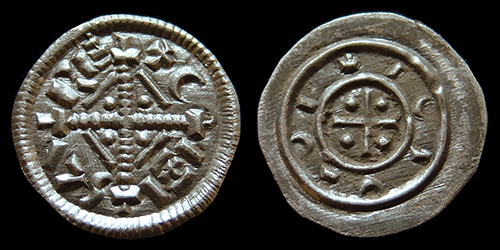 14.01. Géza II., King of Hungary, (1141-1162 A.D.), AR-Denarius, CÁC I. 14.01./b2.01./36., H-055, CNH I.-063, U-054, #01
14.01. Géza II., King of Hungary, (1141-1162 A.D.), AR-Denarius, CÁC I. 14.01./b2.01./36., H-055, CNH I.-063, U-054, #01
avers: GEISA REX, cross with dots in the angles, lines connecting the arms, crosses at the end of the arms; border of dots.
reverse: Crescents and lines in place of the legend; cross in a circle with wedges in the angles; border of line.
exergue:-/-//--, diameter: 12,3 mm, weight: 0,31 g, axis:0h,
mint: Esztergom, date: A.D., ref: Huszár-055, CNH I.-063, Unger-054, 
Tóth-Kiss-Fekete: CÁC I.(Catalog of Árpadian Coinage I./Opitz I.), Privy-Mark/Szigla: 14.01./b2.01./36.,
Q-001
Keywords: 14.01. Géza II., King of Hungary, (1141-1162 A.D.), AR-Denarius, CÁC I. 14.01./b2.01./36., H-055, CNH I.-063, U-054, #01