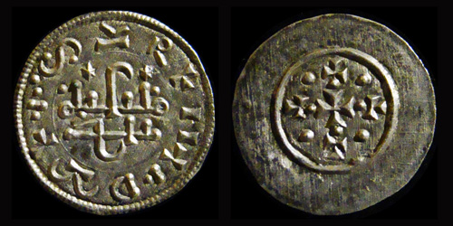 CÁC II. 19.03.1.1./a1.02./03., Anonymous II. (Béla III., King of Hungary, (1172-1196 A.D.)?), AR-Denarius, H-111, CNH I.-109, U-112, #01
CÁC II. 19.03.1.1./a1.02./03., Anonymous II. (Béla III., King of Hungary, (1172-1196 A.D.)?), AR-Denarius, H-111, CNH I.-109, U-112, #01
avers: Illegible legend, the ornament of Kufic letters, the border of dots.
reverse: Cross, between four crosses and four dots, line border.
exergue: -/-//--, diameter: 12,5 mm, weight: 0,33g, axis: h,
mint: , date: 1172-1196 A.D., ref: Huszár-111, CNH I.-109, Unger-112, 
Kiss-Toth, Sigla: 19.03.1.1./a1.02./03.,
Q-001
