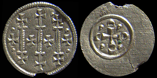 CÁC II. 20.20.1.1./a2.03./20., Anonymous III. (Géza II., King of Hungary, (1141-1162 A.D.)?), AR-Denarius, H-180, CNH I.-160, U-067, #01
CÁC II. 20.20.1.1./a2.03./20., Anonymous III. (Géza II., King of Hungary, (1141-1162 A.D.)?), AR-Denarius, H-180, CNH I.-160, U-067, #01
avers: Three lines with crosses at the ends and four crosses, two dots on each side; border of dots.
reverse: Cross with circles at the ends, dots in the angles; border of line.
exergue: -/-//--, diameter: mm, weight: 0,15g, axis: h,
mint: Esztergom, date: A.D., ref: Huszár-180, CNH I.-160, Unger-067, 
Kiss-Toth, Sigla: 20.20.1.1./a2.03./20.,
Q-001
