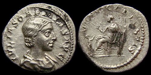 060 Iulia Soaemias (?-222 A.D.), RIC IV-II 355, Rome, AR-Denarius, VENVS CAELESTIS, Venus seated left, #2
060 Iulia Soaemias (?-222 A.D.), RIC IV-II 355, Rome, AR-Denarius, VENVS CAELESTIS, Venus seated left, #2
Mother of Elagabalus.
avers: IVLIA SOAEMIAS AVG, Draped bust right.
reverse: VENVS CA ELESTIS, Venus seated left, holding patera (or apple?) and sceptre; at her feet a child reaching up to her.
exergue: -/-//--, diameter: 18,5-19,5mm, weight: 2,34g, axis: 6h,
mint: Rome, date: 220 A.D., ref: RIC IV-II 243, p-, C-14,
Q-002
Keywords: 060 Iulia Soaemias (?-222 A.D.), RIC IV-II 355, Rome, AR-Denarius, VENVS CAELESTIS, Venus seated left, #2