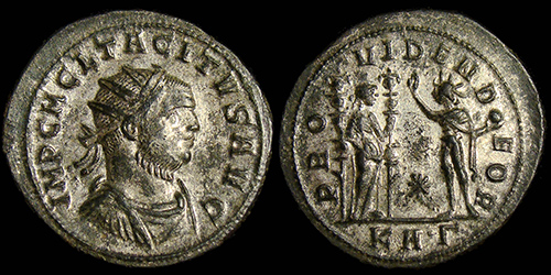 110 Tacitus (275-276 A.D.), T-3941, RIC V-I 195var, Serdica, AE-Antoninianus, PROVIDEN DEOR, -/-//KA•Γ• Bust-D1, Fides and Sol, #1
110 Tacitus (275-276 A.D.), T-3941, RIC V-I 195var, Serdica, AE-Antoninianus, PROVIDEN DEOR, -/-//KA•Γ•, Bust-D1, Fides and Sol, #1
avers: IMP C M CL TACITVS -AVG, Bust right, radiate, cuirassed, and draped with paludamentum, (D1).
reverse: PRO VIDEN D EOR, Fides standing right, holding standard in each hand, facing Sol standing left, right hand raised, and holding globe in the left hand, (Fi-So1).
exergue: -/-//KA•Γ• diameter: 23,5-25mm, weight: 3,80g, axes: 0h,
mint: Serdica, issue-3., off-3., date: 276 A.D., ref: RIC V-I 195var., T-3941,
Q-001
Keywords: 110 Tacitus (275-276 A.D.), T-3941, RIC V-I 195var, Serdica, AE-Antoninianus, PROVIDEN DEOR, -/-//KA•Γ• Bust-D1, Fides and Sol, #1