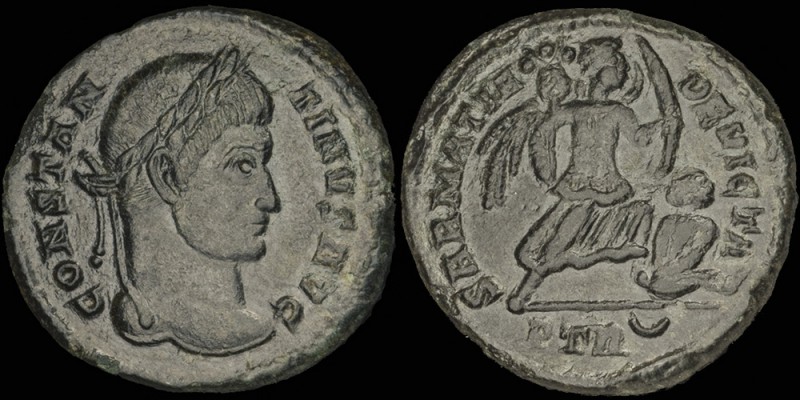 136 Constantinus I. (306-309 A.D. Caesar, 309-910 A.D. Filius Augustorum, 307-337 A.D. Augustus), Trier, RIC VII 435, AE-3 Follis, -/-//PTRCrescent, SARMATIA DEVICTA, Victory advancing right, #1
136 Constantinus I. (306-309 A.D. Caesar, 309-910 A.D. Filius Augustorum, 307-337 A.D. Augustus), Trier, RIC VII 435, AE-3 Follis, -/-//PTRCrescent, SARMATIA DEVICTA, Victory advancing right, #1
avers: CONSTAN TINVS AVG, 1, B1, Laureate head right.
reverse: SARMATIA DEVICTA, Victory advancing right, stepping on captive, holding trophy and palm.
exergue: -/-//PTRCrescent, diameter: 18,0-18,8mm, weight: 2,42g, axis: 5h,
mint: Trier, 1st off., date: 323-324 A.D., 
ref: RIC VII 435, p-202, 
Q-001
Keywords: SARMATIA DEVICTA,