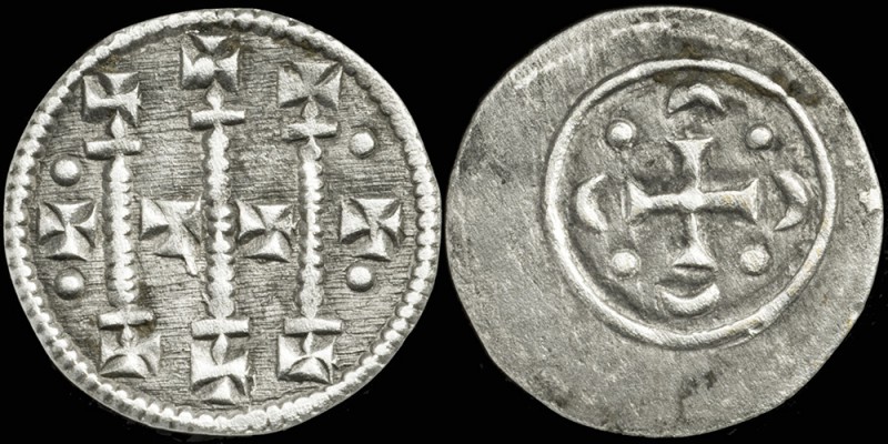 CÁC II. 20.20.1.1./a1.02./03., Anonymous III. (Géza II., King of Hungary, (1141-1162 A.D.)?), AR-Denarius, H-180, CNH I.-160, U-067, #01
CÁC II. 20.20.1.1./a1.02./03., Anonymous III. (Géza II., King of Hungary, (1141-1162 A.D.)?), AR-Denarius, H-180, CNH I.-160, U-067, #01
avers: Three lines with crosses at the ends and four crosses, two dots on each side; border of dots.
reverse: Cross with circles at the ends, dots in the angles; border of line.
exergue: -/-//--, diameter: 11,5mm, weight: 0,26g, axis: 1h,
mint: Esztergom, date: A.D., ref: Huszár-180, CNH I.-160, Unger-067, 
Kiss-Toth, Sigla: 20.20.1.1./a1.02./03.,
Q-001
