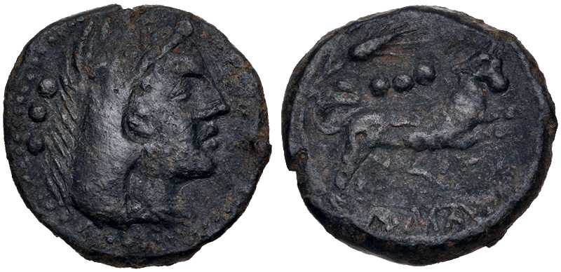 Cr  69/5  Æ Quadrans  Anonymous [Corn/KA]
Sicily  211-208 BCE 

o: Head of Hercules right, wearing lion's skin; ••• (mark of value) to left 
r:  Bull leaping right; ••• (mark of value) and grain ear above, serpent below.
 20mm, 6.34 gm

Type and overstrike as RBW 292; for overstrike, see Crawford Table XVIII, 64.  Overstruck on a Syracusan bronze (Poseidon/Trident).  A bit of smoothing has been noted.

From the Andrew McCabe Collection. His note: " Essentially all known examples of this type are overstrikes, mostly on an Poseidon/Ornamental trident. This coin is an unusually clear strike, complete as to overstrike and with little visible under, but a number of lines can be seen on the bull's flank that may be from an underlying trident."

As with the other 3 coins posted in this group, the coin is much better in hand.
